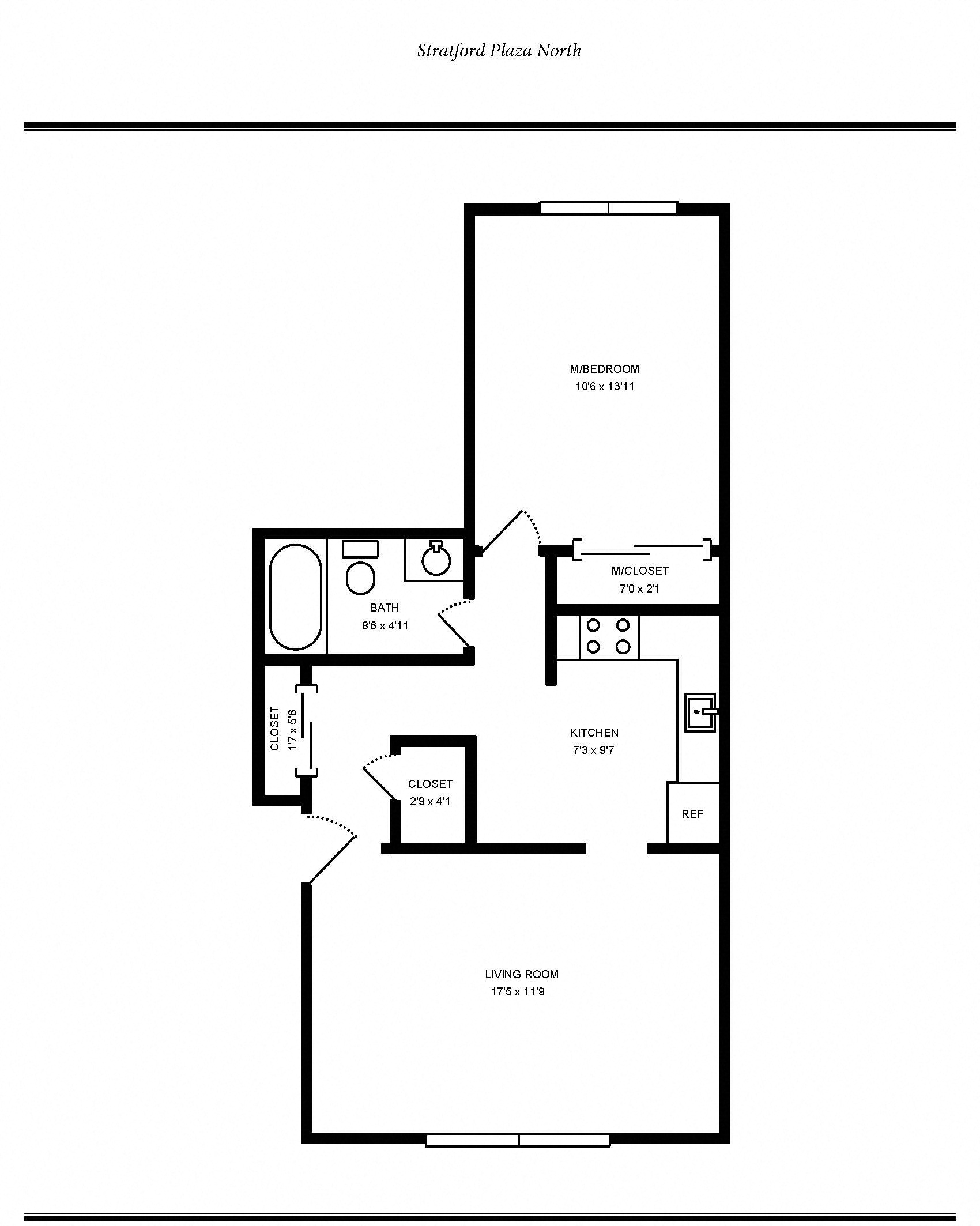 Floor plan for 1 bed, 1 bath, 730 sqft